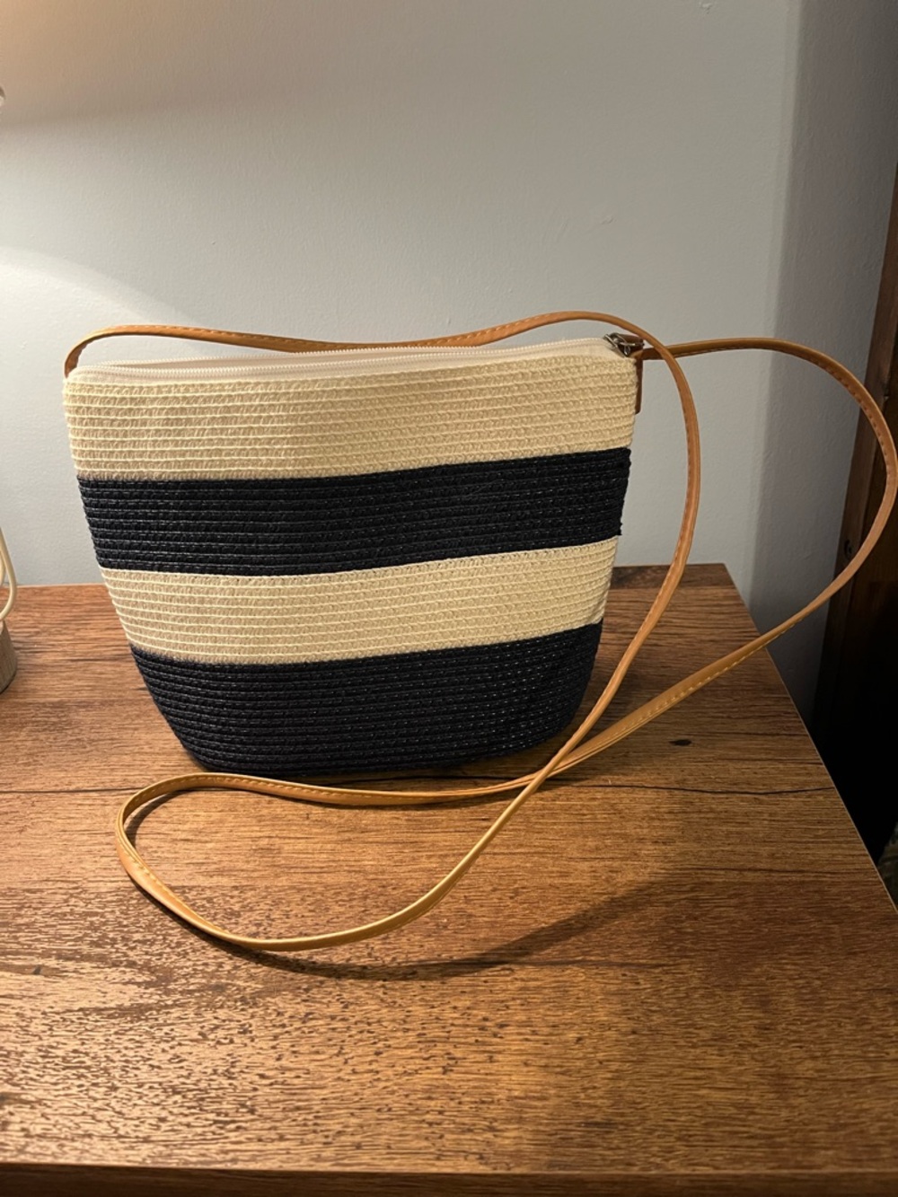 Striped Straw Crossbody Bag in Navy and White